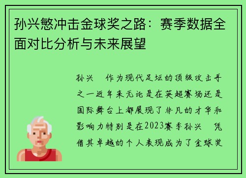 孙兴慜冲击金球奖之路：赛季数据全面对比分析与未来展望